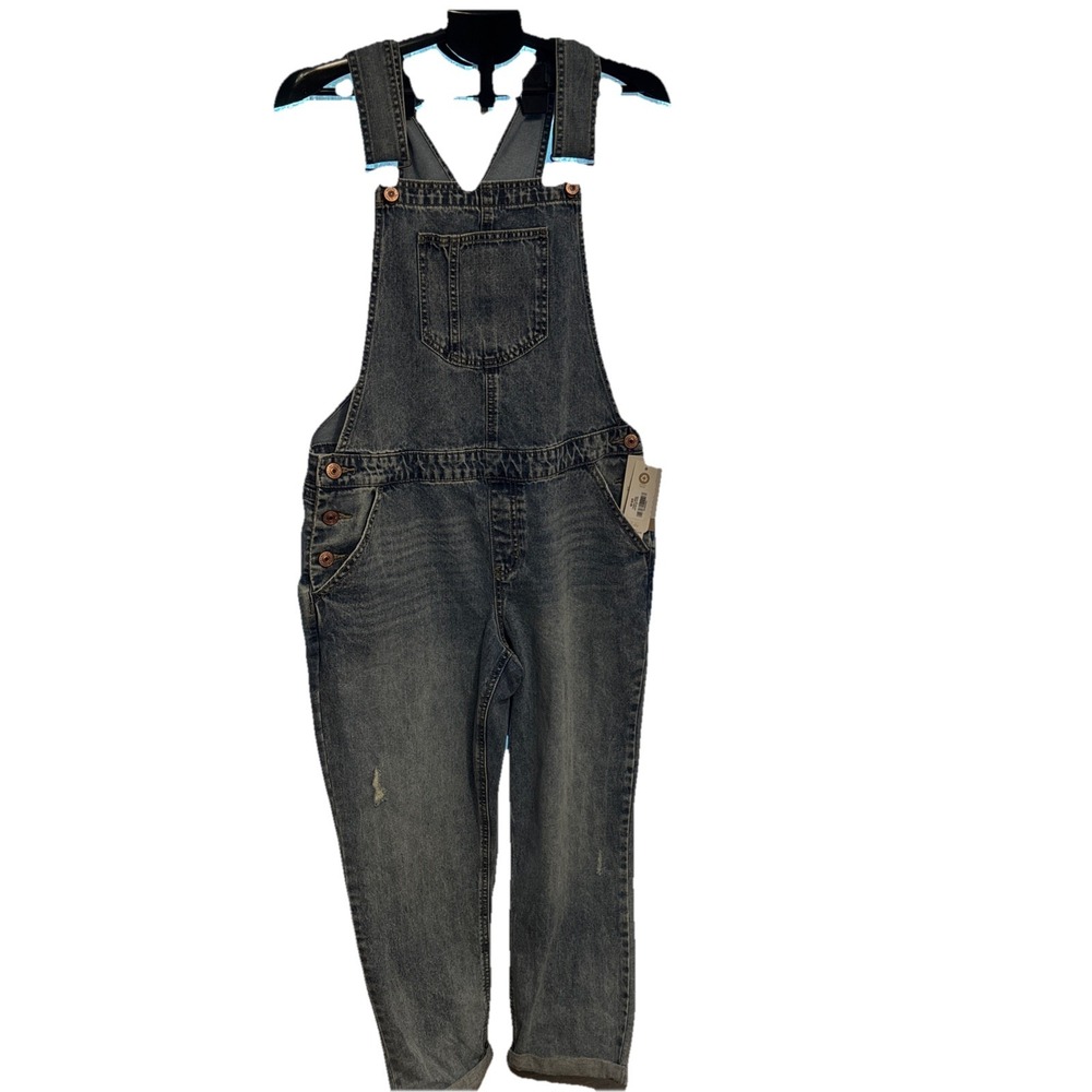 NWT Women's Distressed Denim Straight Leg Overalls Large Natural Reflections